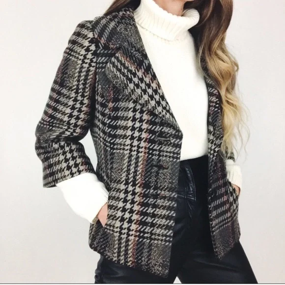 Classiques Entier Cropped Houndstooth Plaid Wool Jacket Retro Boho Brown - Picture 6 of 13